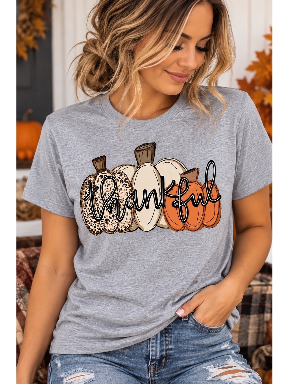 Thankful Pumpkin Graphic Short Sleeve T-Shirt for Women